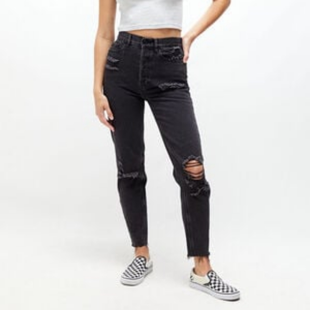 25 Pacsun Ultra High Rise Slim Black Distressed Button Fly Jeans
